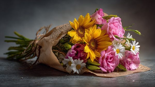 A mixed bouquet of pink eustoma, sunflowers, and daisies.