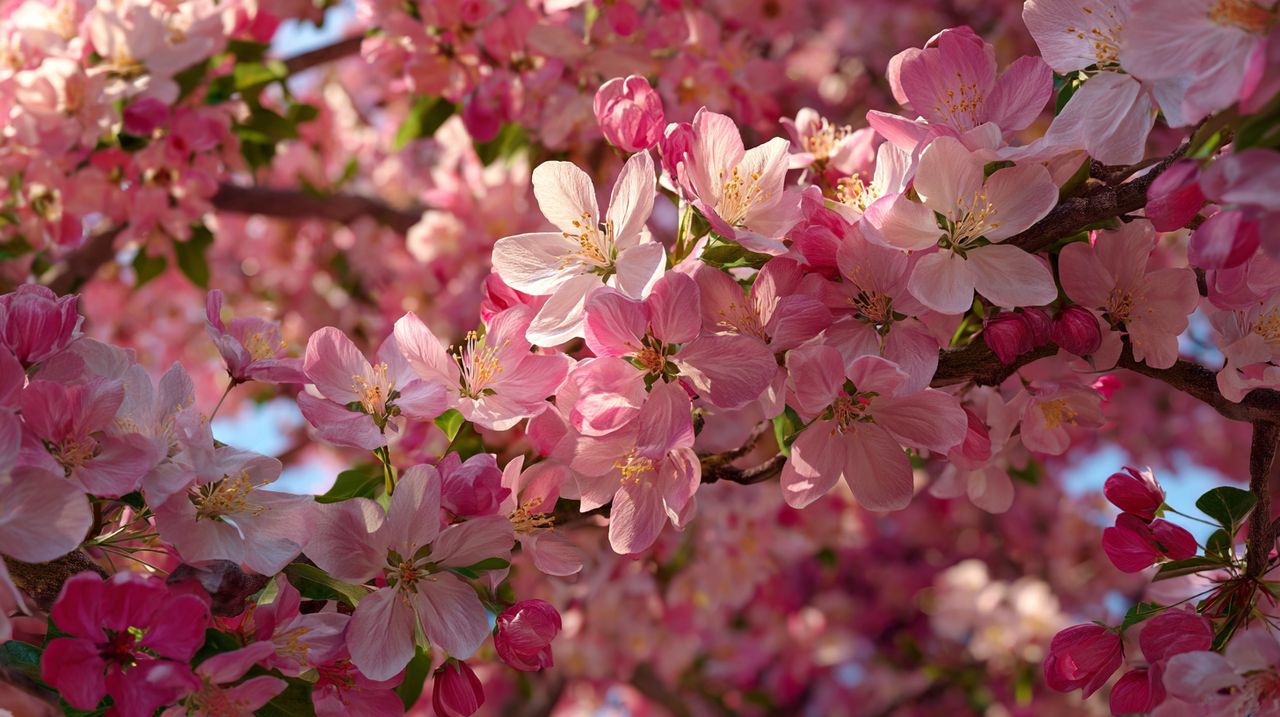 A crabapple tree in full bloom, covered in vibrant pink and white flowers.