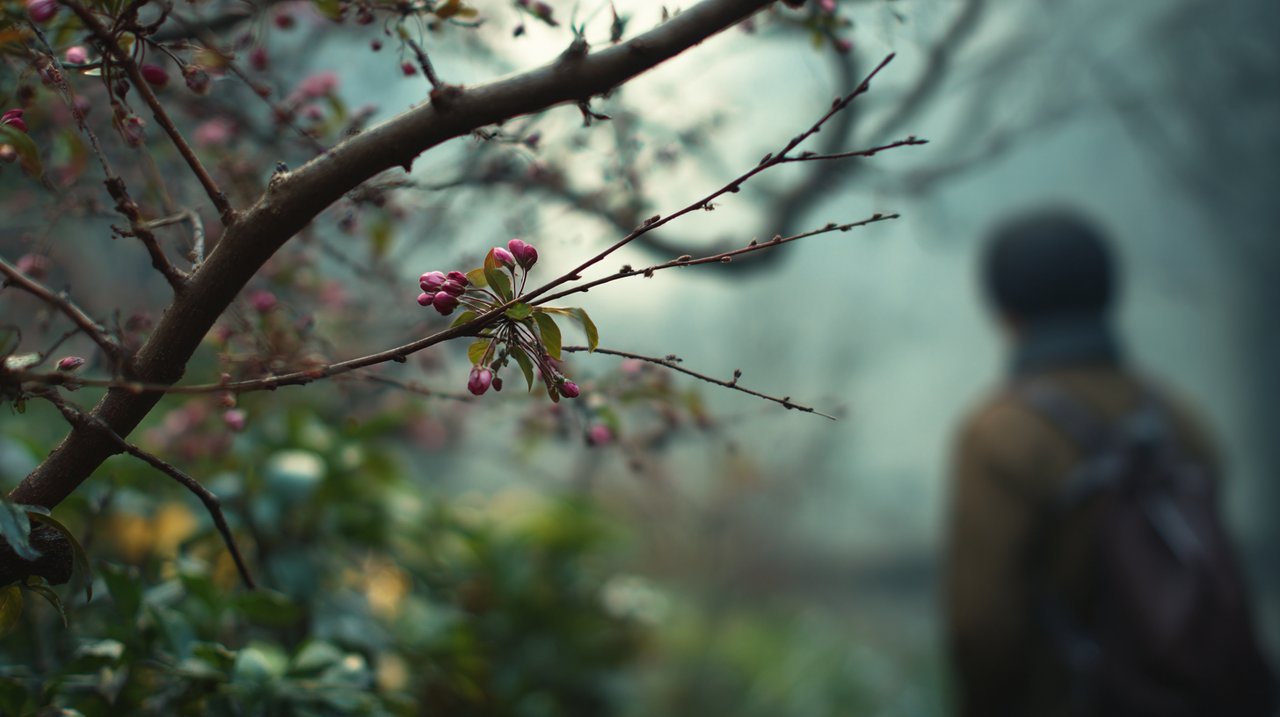 A young crabapple tree with sparse blossoms in a quiet garden.
