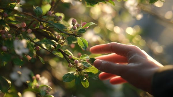 Close-up of healthy crabapple branches with developing flower buds.