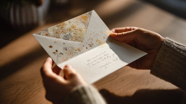 Hands holding a handwritten New Year greeting card.