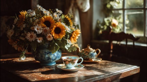 A harmonious arrangement of sunflowers and a ceramic tea set on a wooden table.