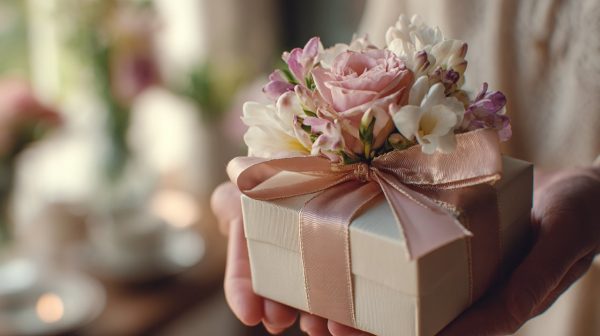 A person's hands holding a thoughtful birthday gift and a delicate flower bouquet.