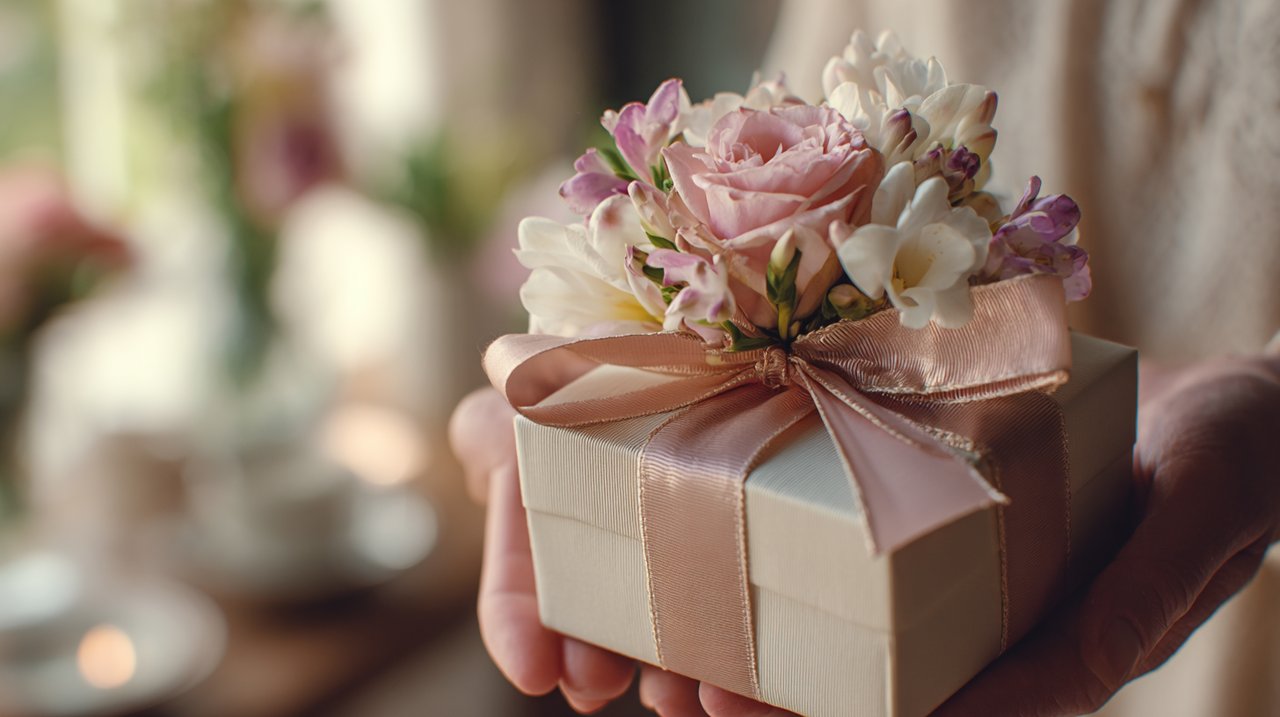 A person's hands holding a thoughtful birthday gift and a delicate flower bouquet.