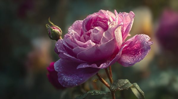 A close-up of a dewy Damascus rose in morning light.