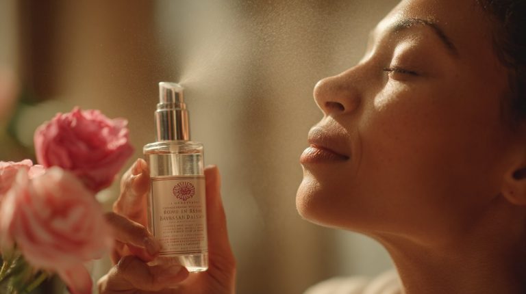 A woman gently applying rose hydrosol to her face.