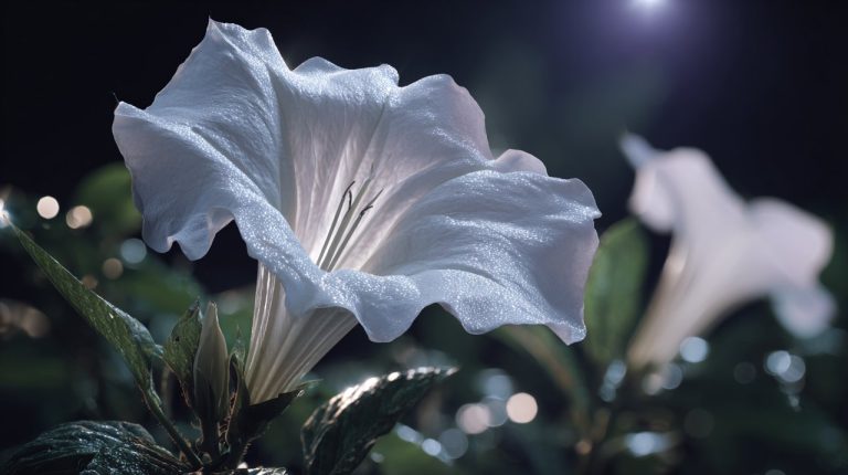 A mysterious and beautiful white Mandara flower blooming under moonlight.
