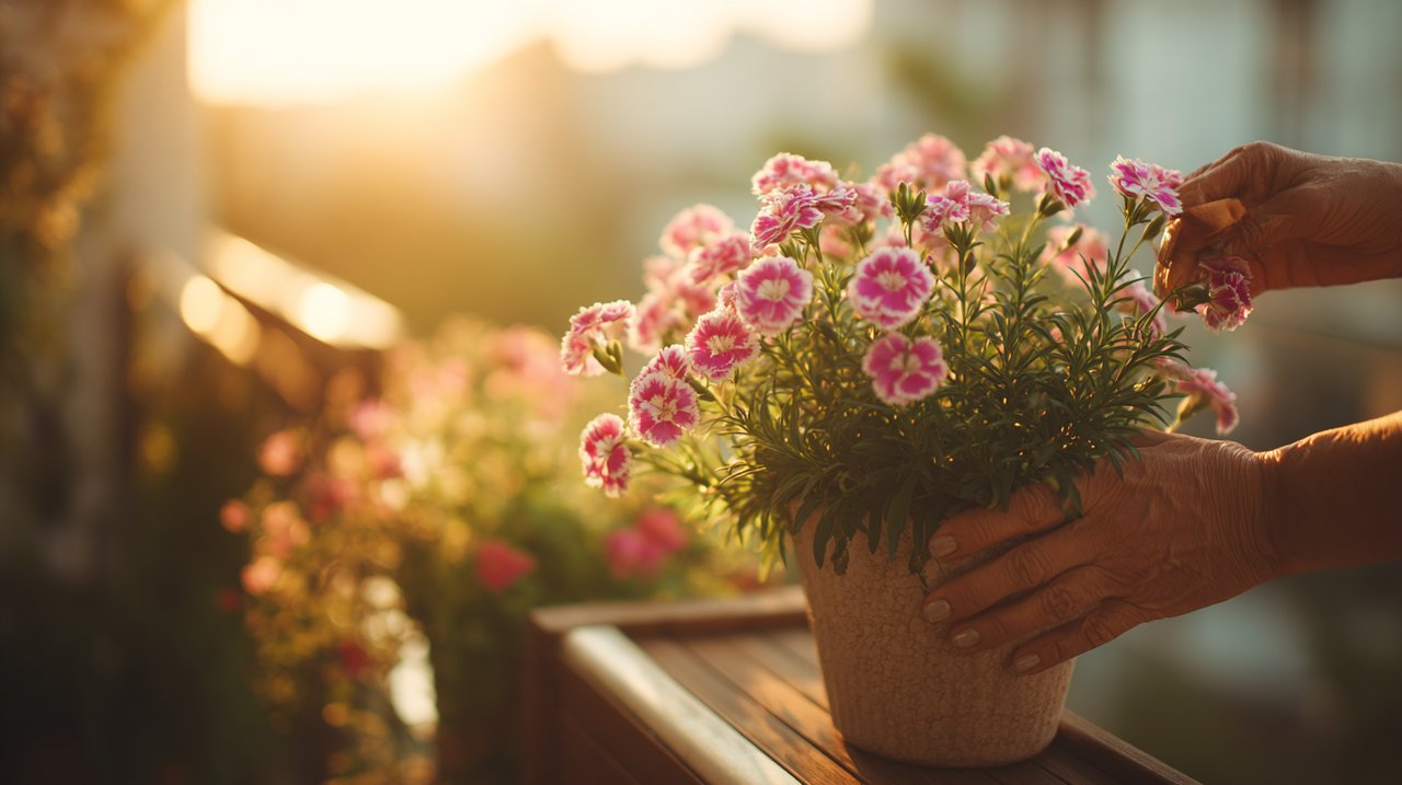 Hands gently watering a thriving pot of Dianthus flowers on a balcony.