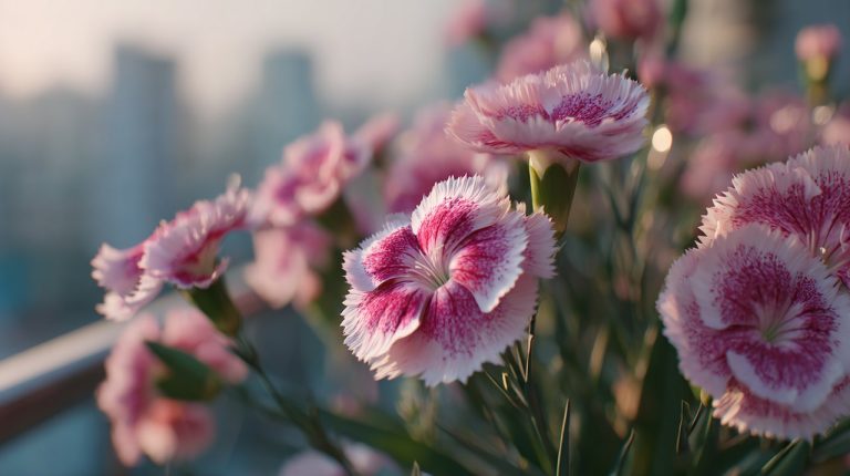 A vibrant pot of pink and white Dianthus flowers on a city balcony.