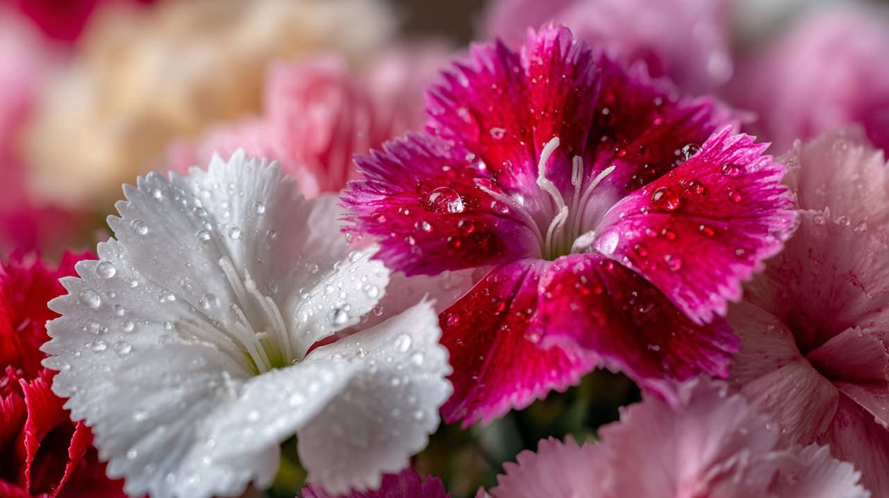 Close-up of various Dianthus flowers with serrated edges and dew drops.