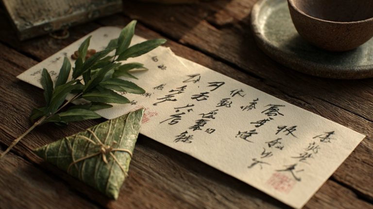 A hand-written Dragon Boat Festival card with mugwort and zongzi leaves.
