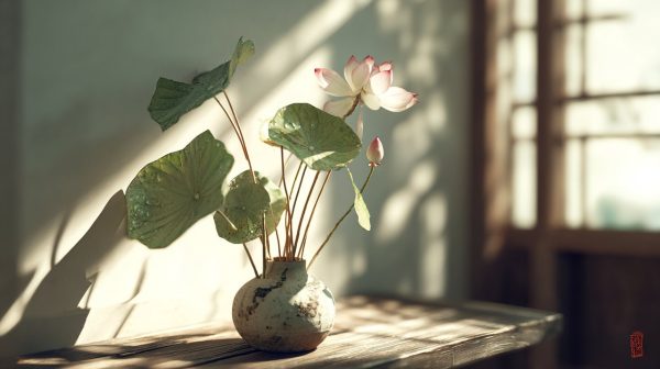 A natural arrangement of calamus and lotus flowers for Dragon Boat Festival.