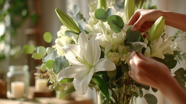 A person arranging a housewarming bouquet of white lilies and green foliage.