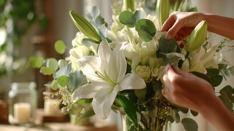 A person arranging a housewarming bouquet of white lilies and green foliage.