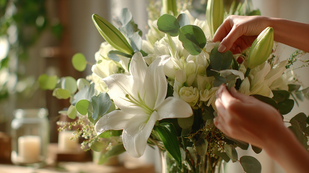 A person arranging a housewarming bouquet of white lilies and green foliage.