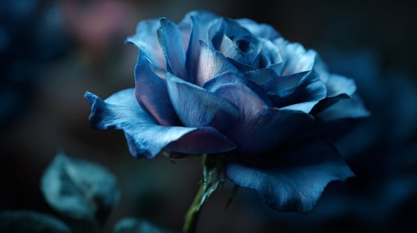 A striking blue enchantress rose with a mysterious aura.