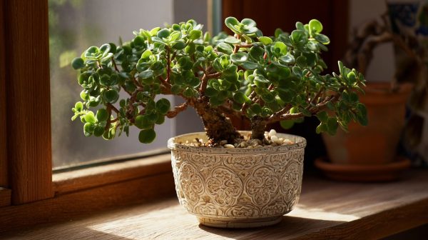 A well-cared-for Portulacaria afra thriving in a pot.