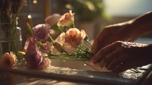 Hands trimming the stems of fresh Eustoma flowers in a vase.