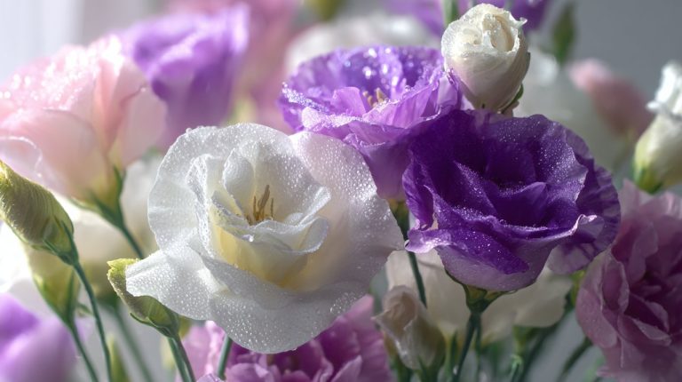 A vibrant and elegant bouquet of Eustoma flowers.