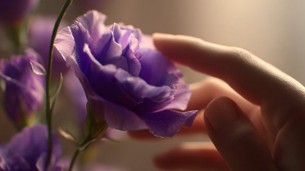 A close-up of a hand gently holding a purple Eustoma flower.