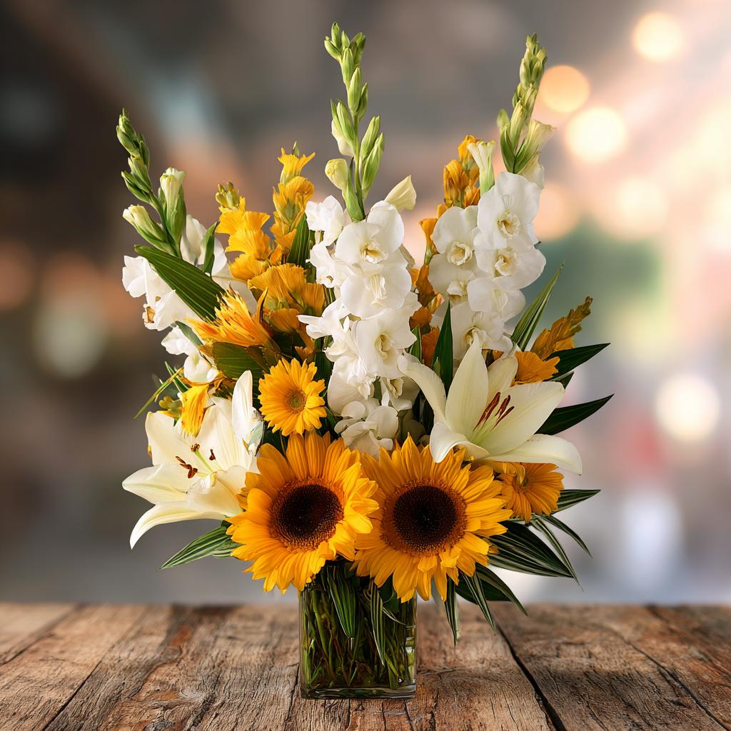 A diverse collection of flowers for Father's Day, including sunflowers and orchids.