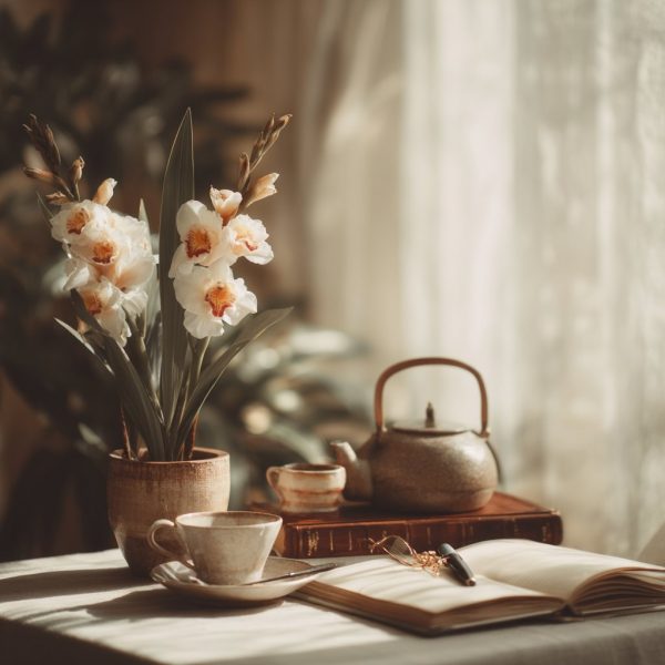 A Father's Day gift set with flowers and a book.