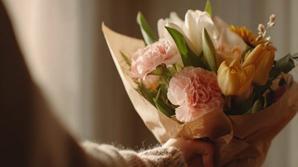 A hand holding a delicate bouquet of flowers.
