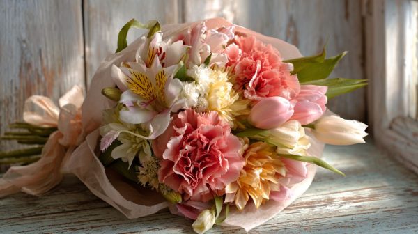 A beautifully arranged mixed bouquet of various flowers.