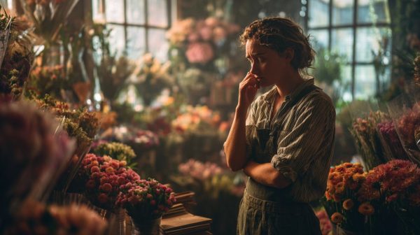A person feeling overwhelmed in a vibrant flower shop.
