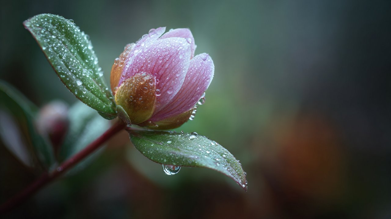 Close-up of a delicate flower bud with dew drops.