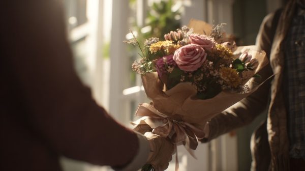 A hand receiving a beautifully packaged bouquet.