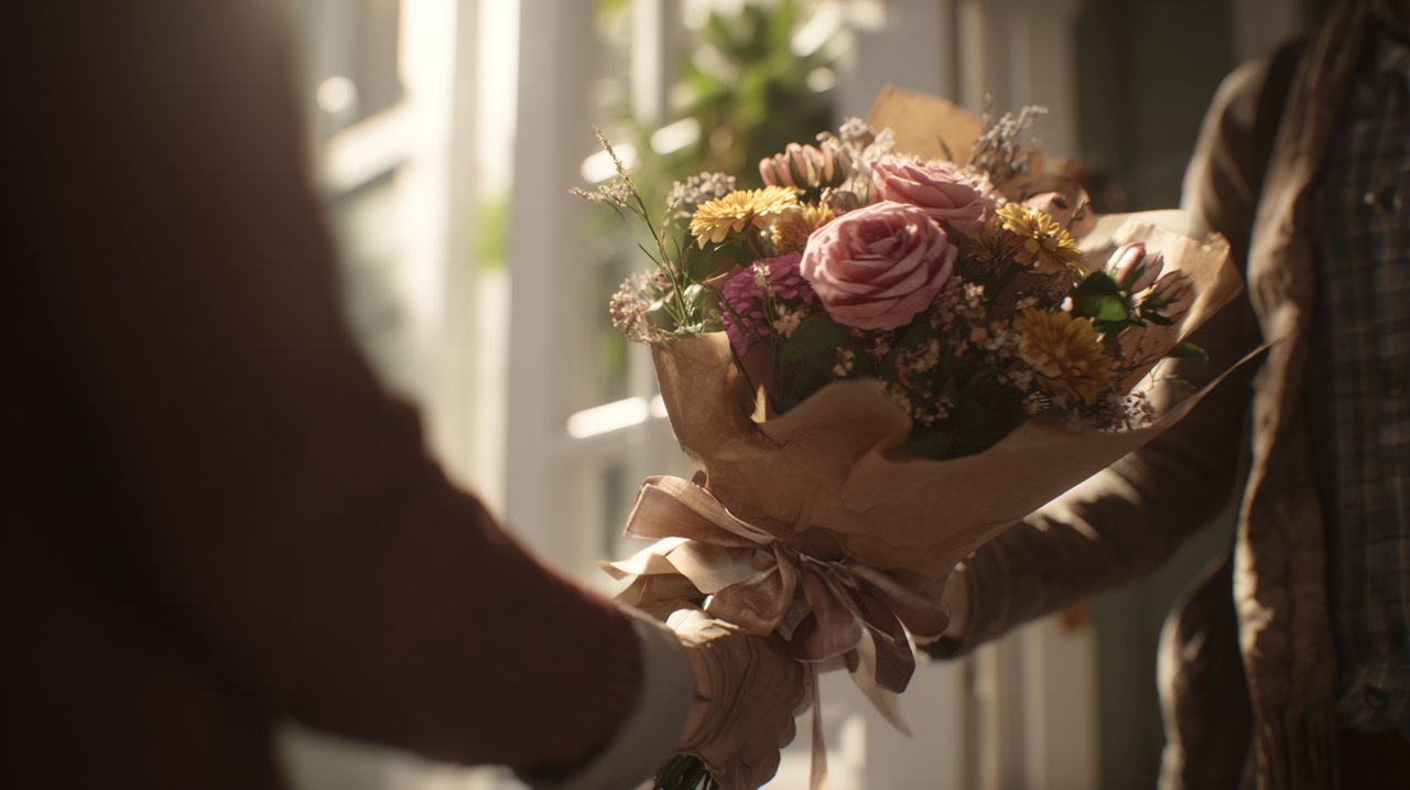 A hand receiving a beautifully packaged bouquet.