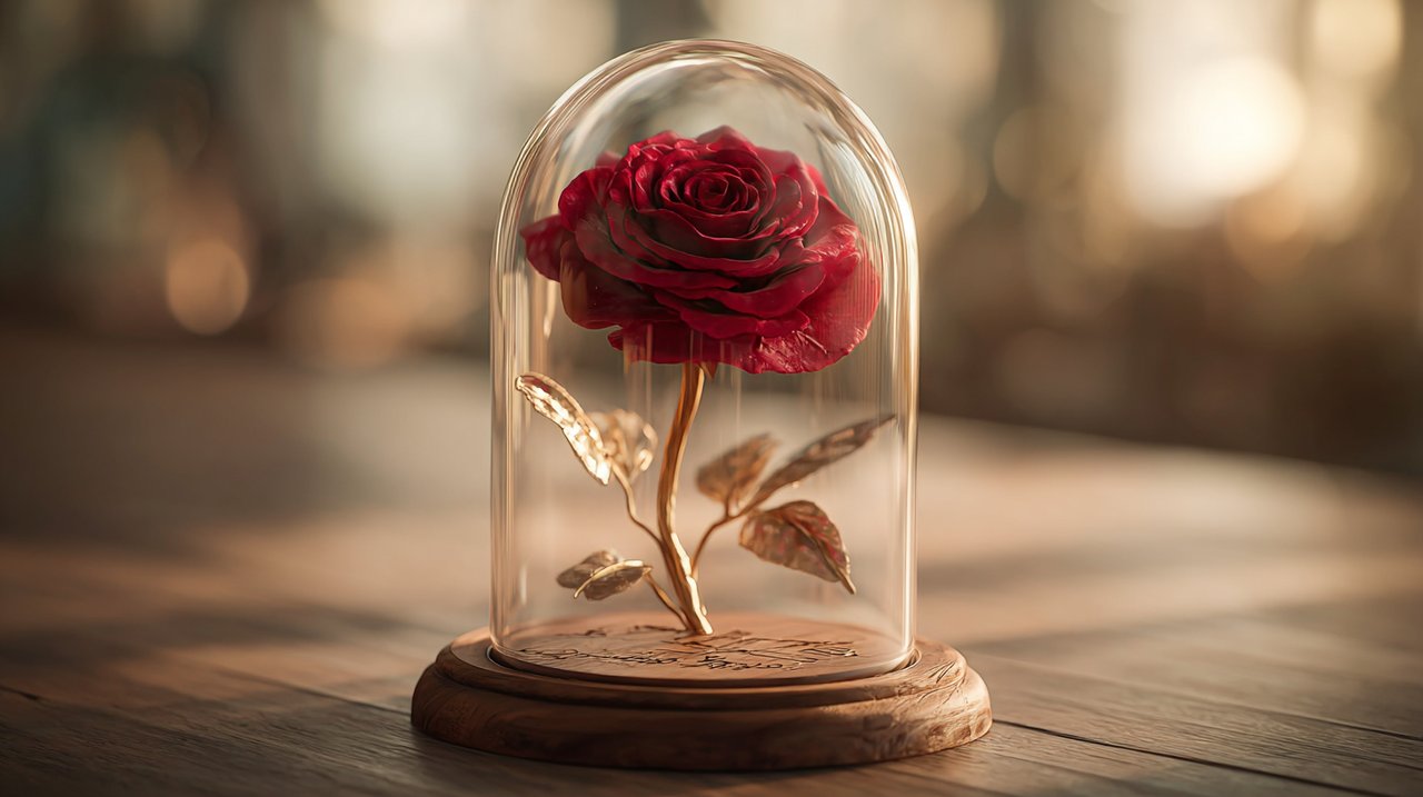 A preserved rose in a glass dome.