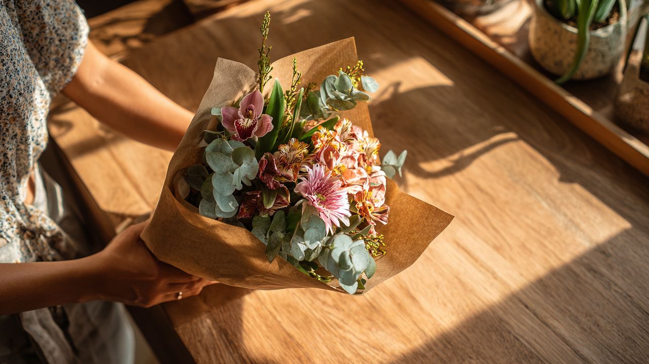 Hands receiving a personalized, unique bouquet.
