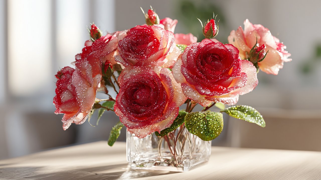 Close-up of red and pink roses with dew drops.