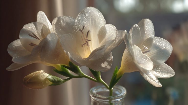 Delicate white freesia flowers with soft lighting.
