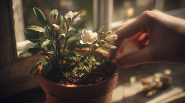 A potted freesia plant being gently watered.