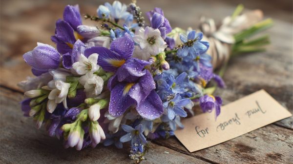 A vibrant mixed bouquet of Iris, Hyacinth, and Freesia.