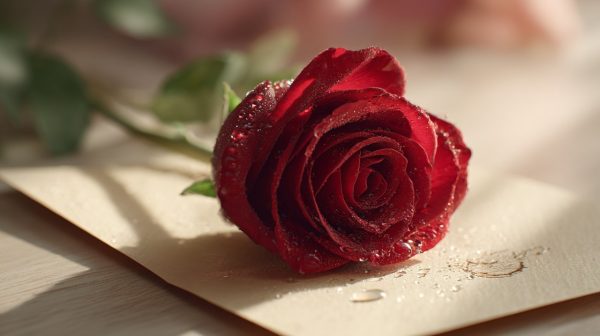 A single, elegant rose resting on a thoughtful handwritten card.