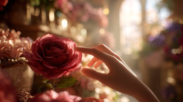 A person's hand gently touching a rose petal in a sunlit flower shop.