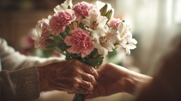 An elderly person's hand gently receiving a simple, elegant bouquet of flowers.