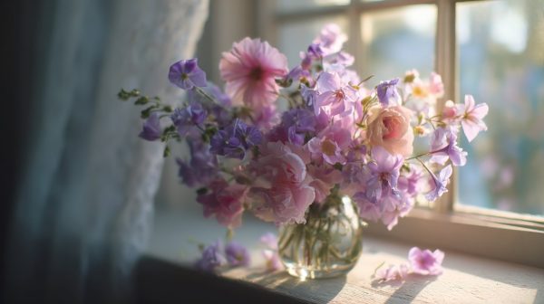 A delicate bouquet of spring flowers on a windowsill, bathed in soft light.