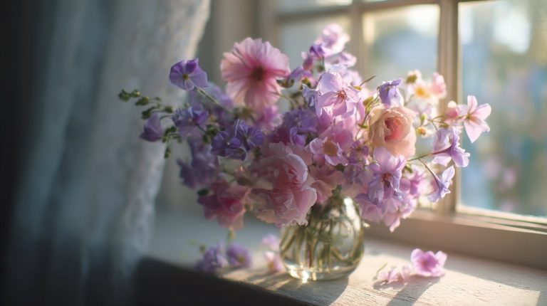 A delicate bouquet of spring flowers on a windowsill, bathed in soft light.