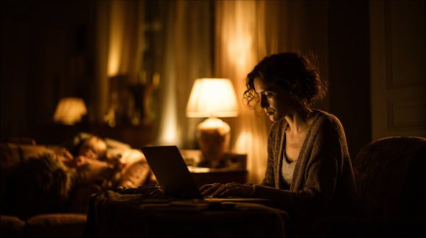 A woman working late at night, with a sleeping child nearby, illuminated by soft lamp light.