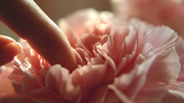 A close-up of a hand gently touching carnation petals.