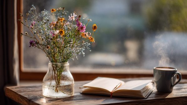 A peaceful morning scene with a small bouquet of wildflowers and coffee.