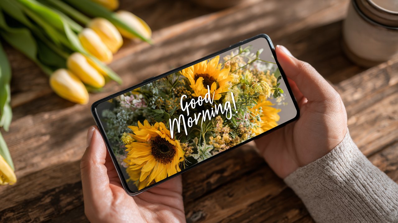 A smartphone displaying a digital good morning greeting card with flowers.