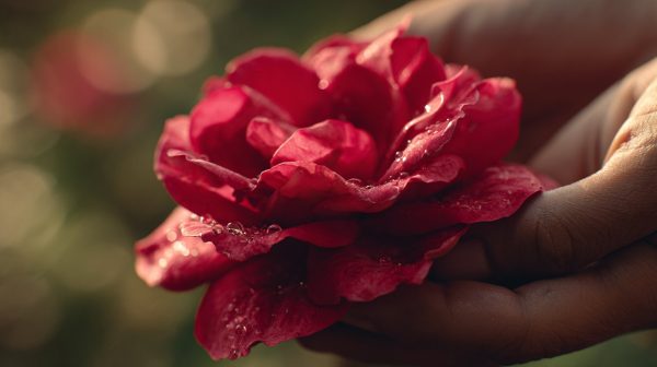 A hand tenderly holding a single red rose with dew drops.