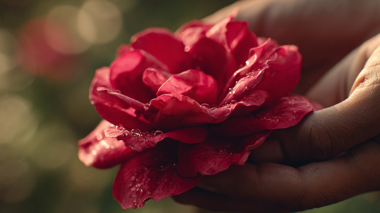 A hand tenderly holding a single red rose with dew drops.