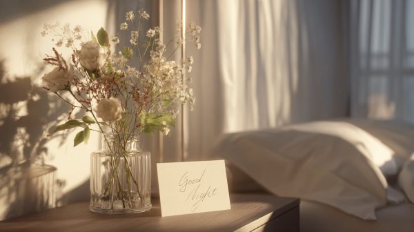 A serene bedroom scene with flowers and a good night card.